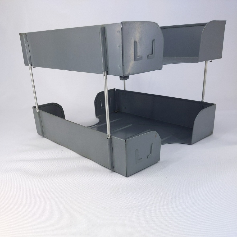 Vtg Stellar‎ Desk Organizer Tray Gray Industrial Metal 2-Tier Stackable -